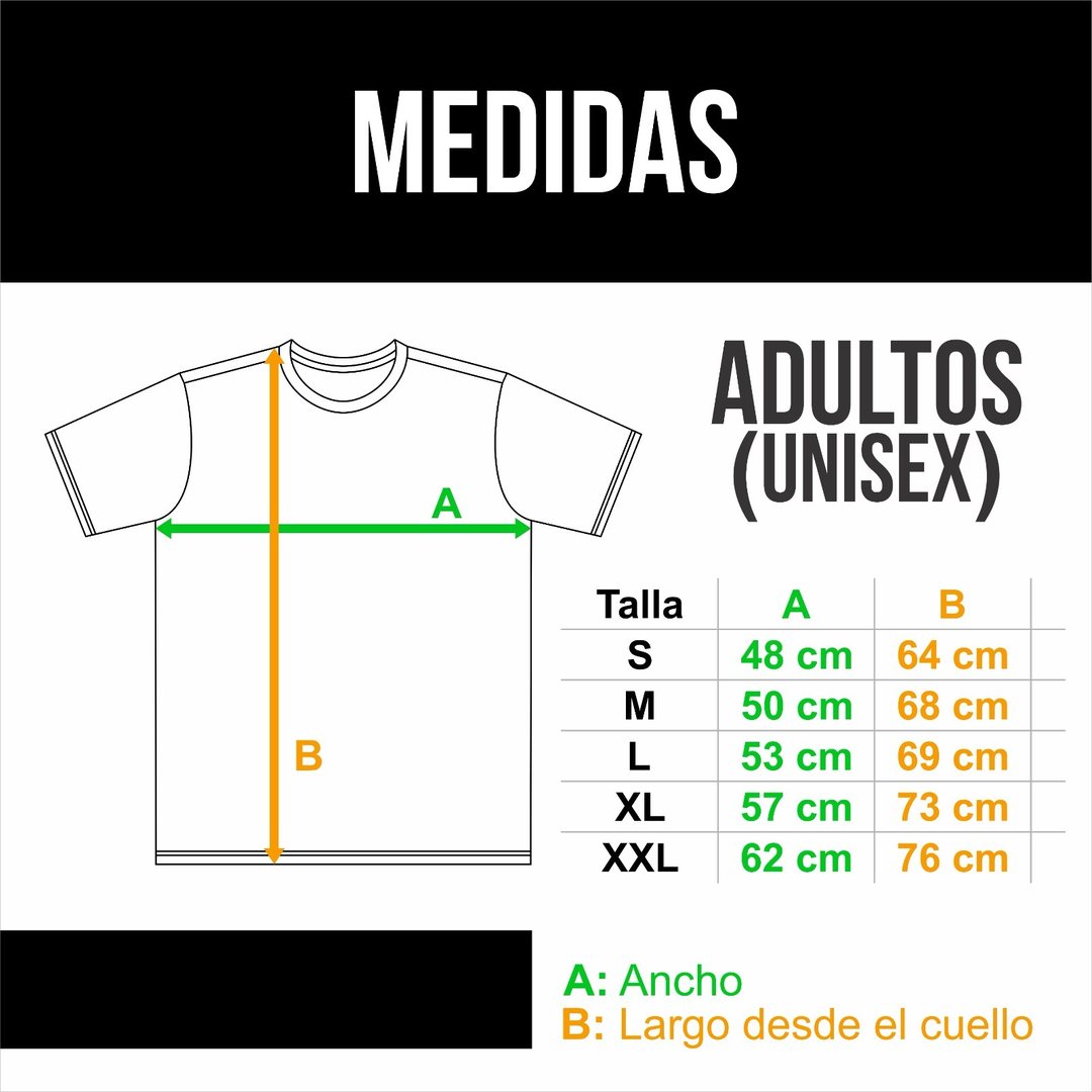 Guía de medidas: ancho de axila a axila y largo desde el cuello